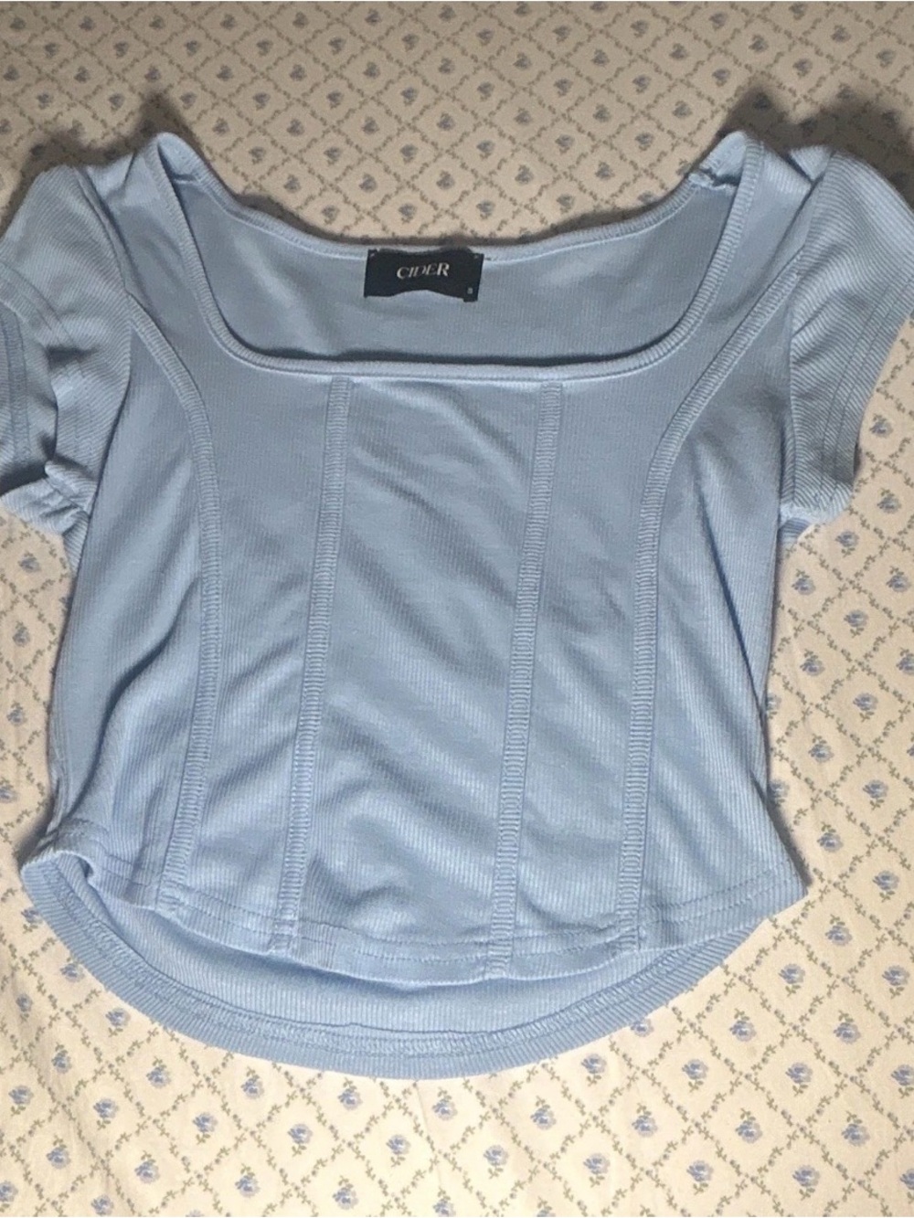 Cider Light Blue Square Neck Ribbed Corset Top